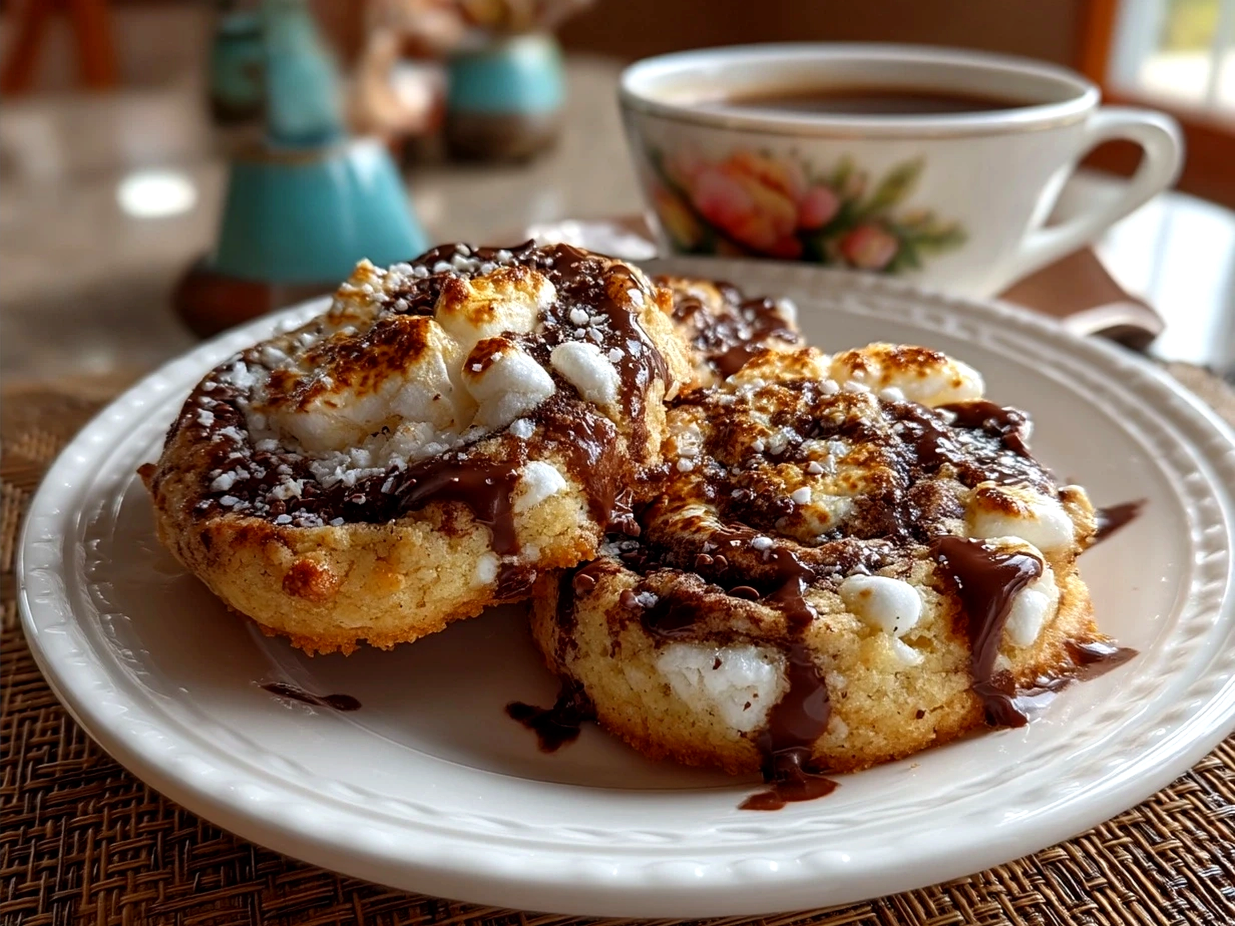 Warm Chocolate Marshmallow Swirl Cookies served invitingly on a rustic wooden board with marshmallows