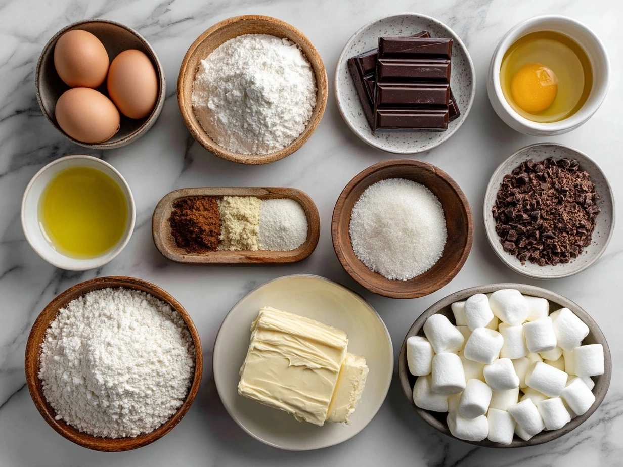 Ingredients for Chocolate Marshmallow Swirl Cookies including butter, sugars, eggs, vanilla, flour, cocoa powder, baking soda, salt, and mini marshmallows