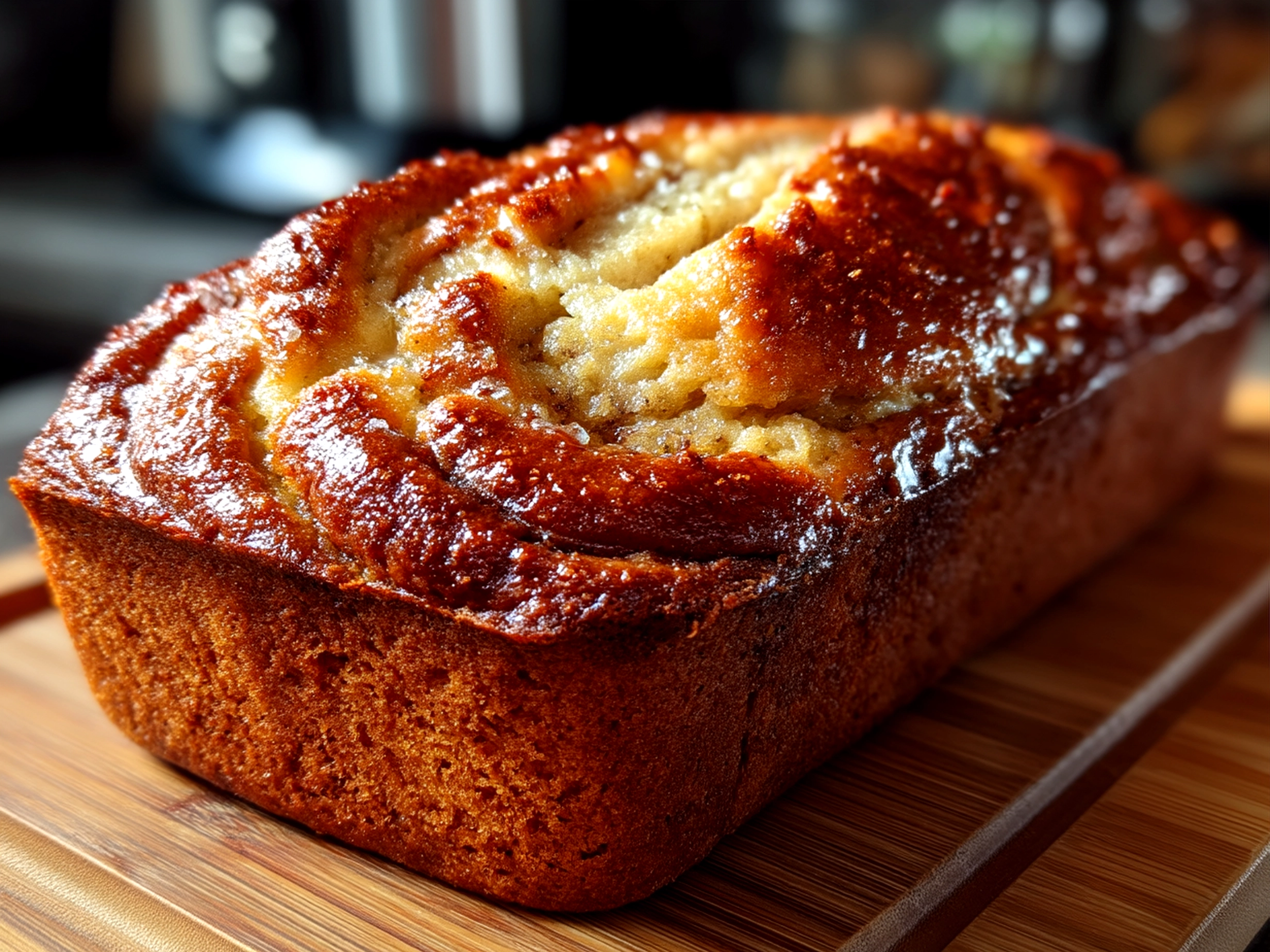 Slices of cinnamon swirl banana bread served on a wooden board with cinnamon sticks nearby