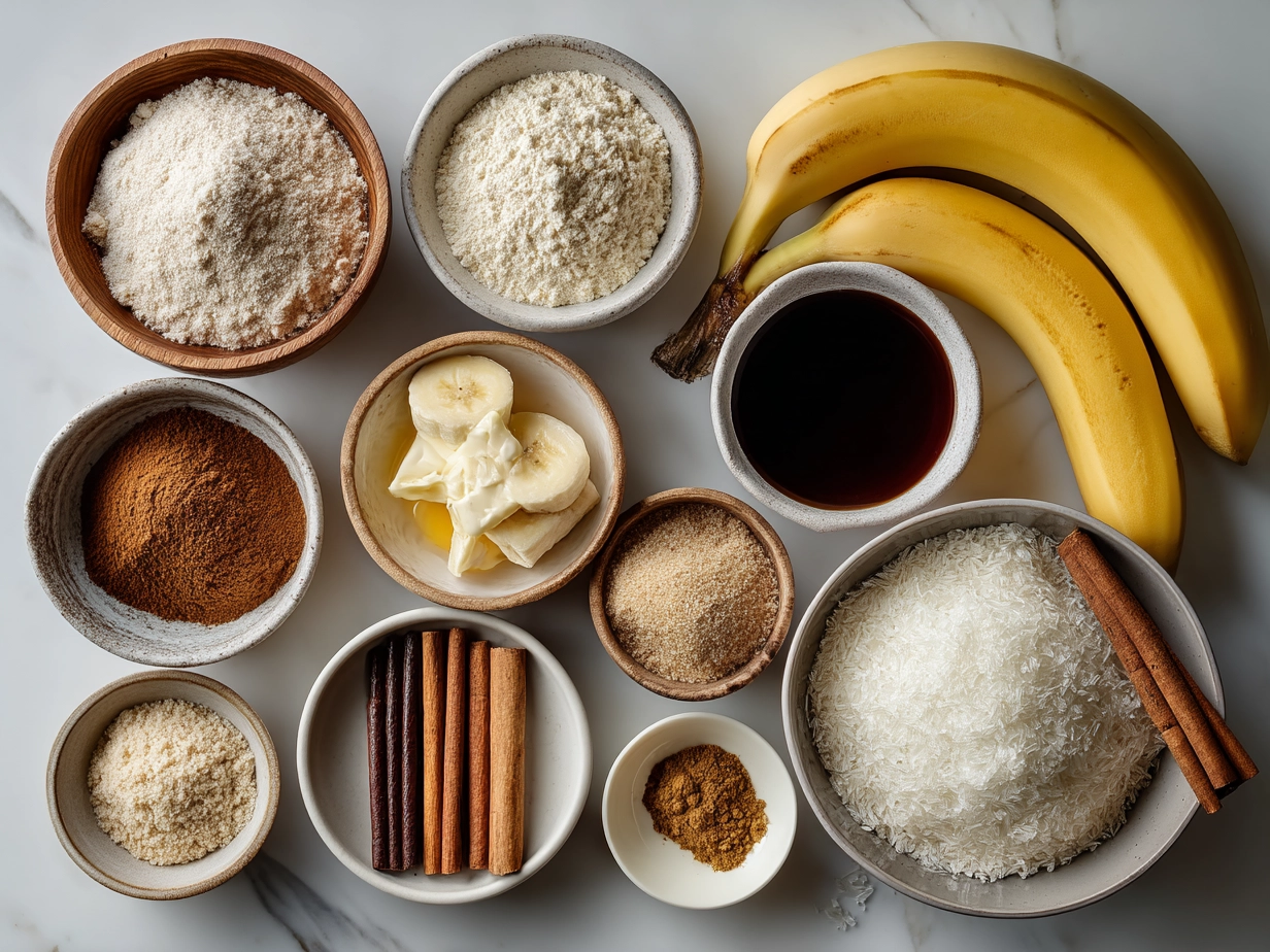 Ingredients for cinnamon swirl banana bread laid out on a wooden table