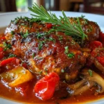 Close-up comforting Chicken Cacciatore on white plate