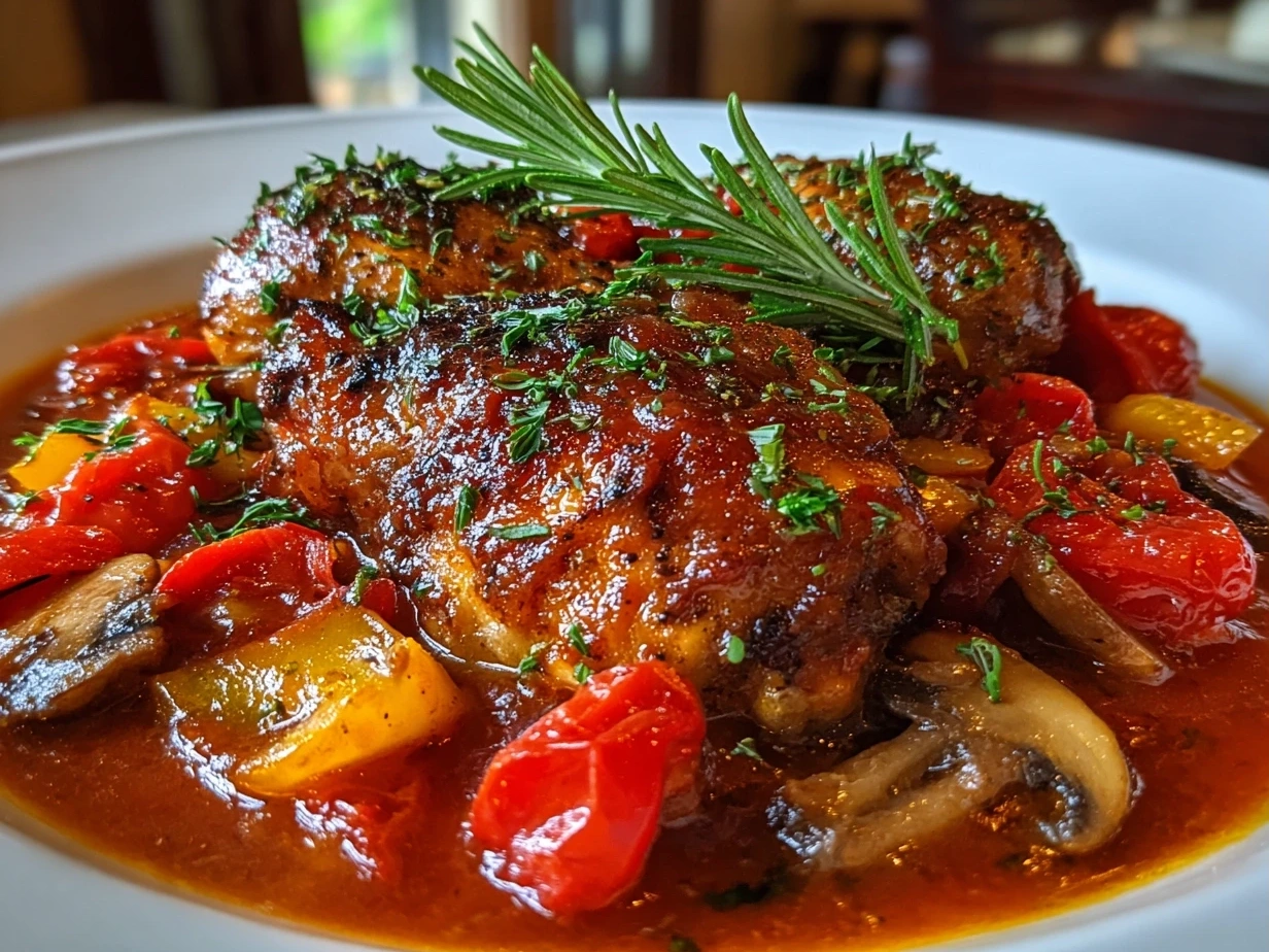 Close-up comforting Chicken Cacciatore on white plate
