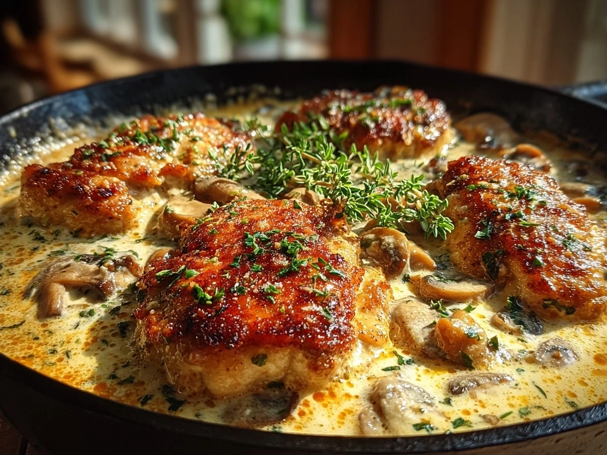 Close up of finished Creamy Tuscan Chicken with warm appetizing finish