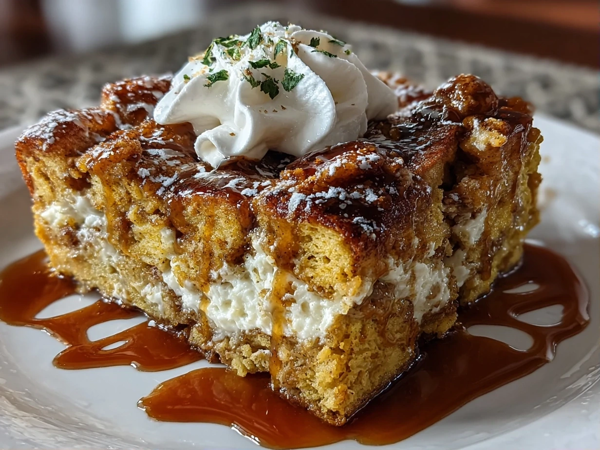 Close-up of a finished Pumpkin Spice French Toast Casserole with golden crust and spices
