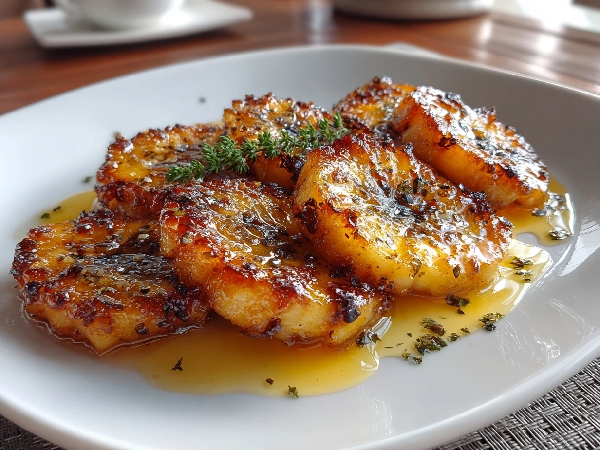 Close-up of caramelized baked banana slices on white plate