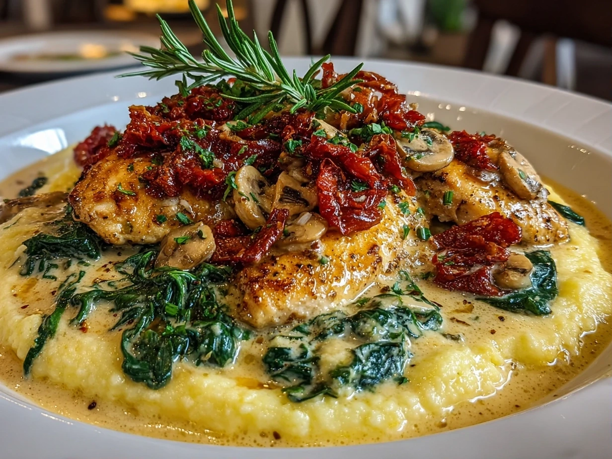 Close-up of Creamy Tuscan Chicken plated beautifully