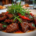 Close-up of freshly prepared Szechuan Beef dish