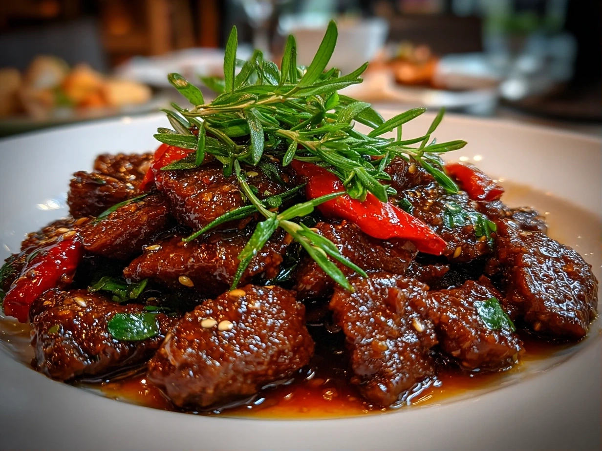 Close-up of freshly prepared Szechuan Beef dish