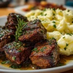 Close-up of Garlic Butter Beef Bites with Creamy Mashed Potatoes
