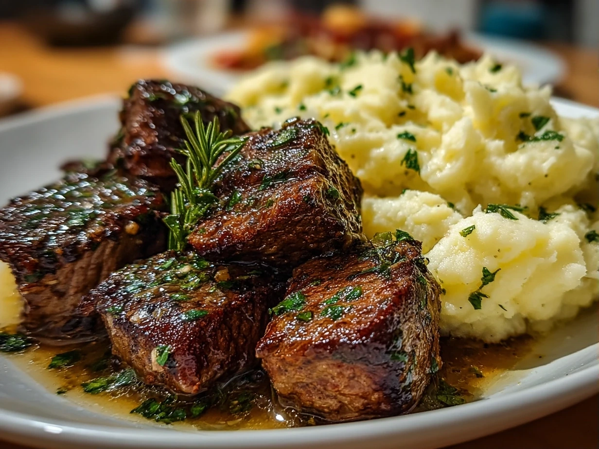 Close-up of Garlic Butter Beef Bites with Creamy Mashed Potatoes