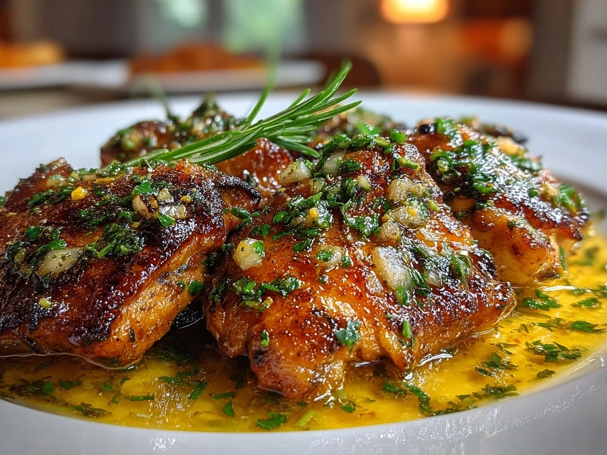 Close-up of Garlic Butter Chicken Thigh Skillet