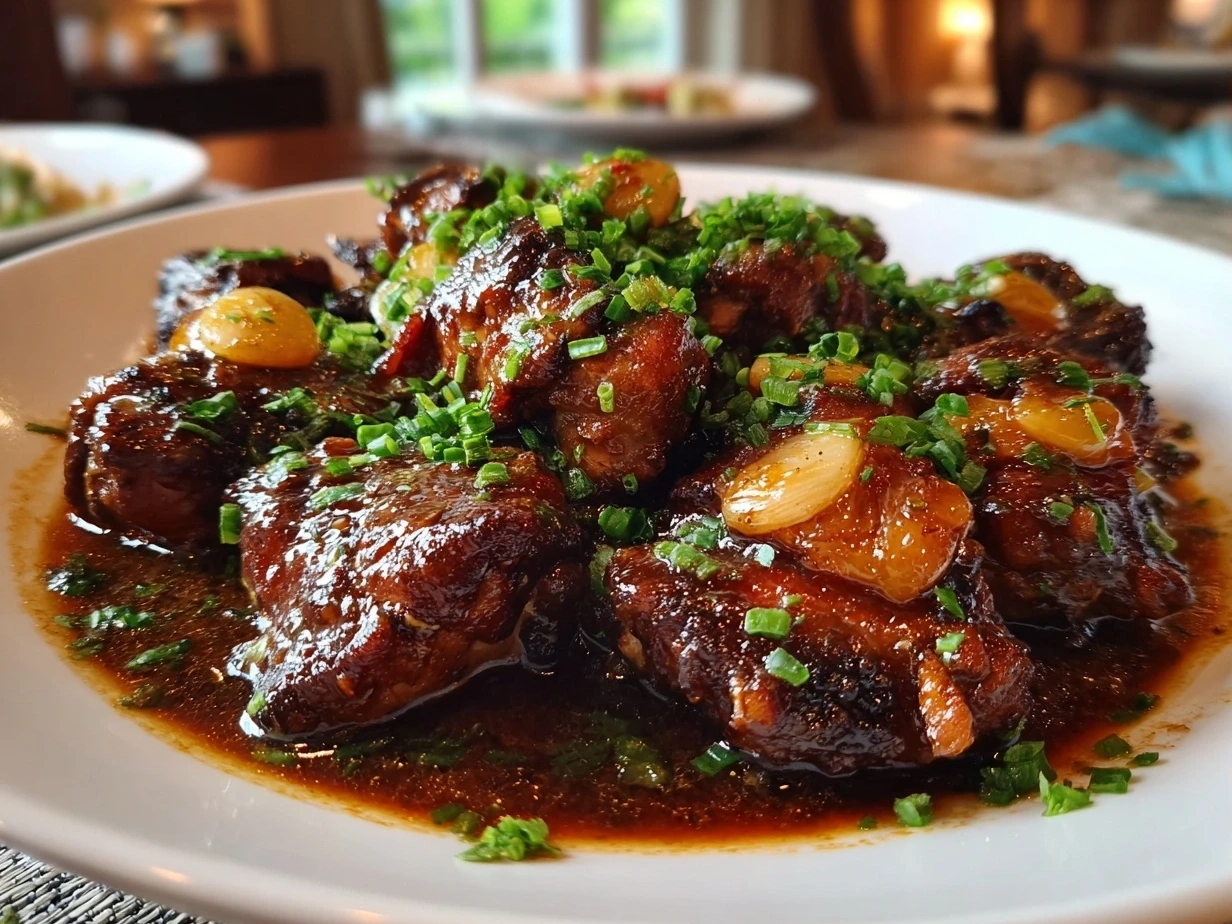 Close-up of homemade Filipino Chicken Adobo on white plate