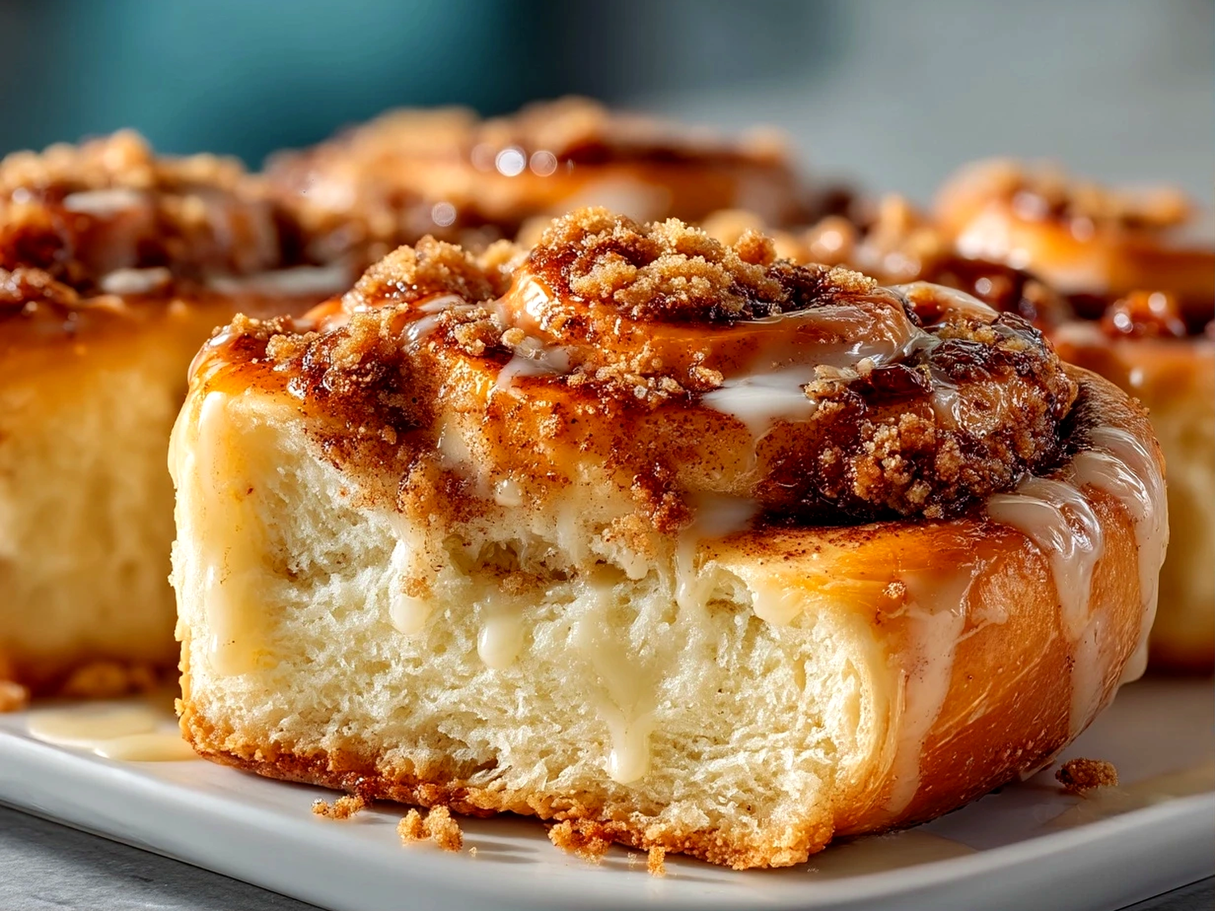Close-up texture view of freshly baked chai cinnamon rolls, showing gooey filling and tender dough.