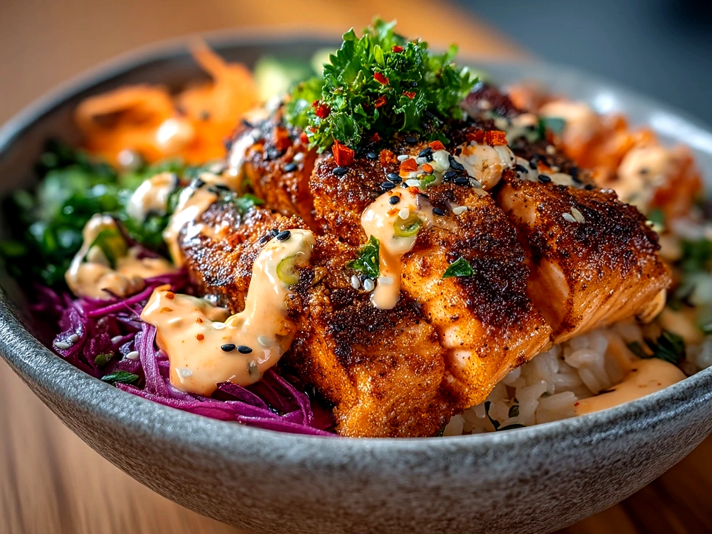 Close up of ready-to-eat Air Fryer Salmon Bowl With Spicy Mayo