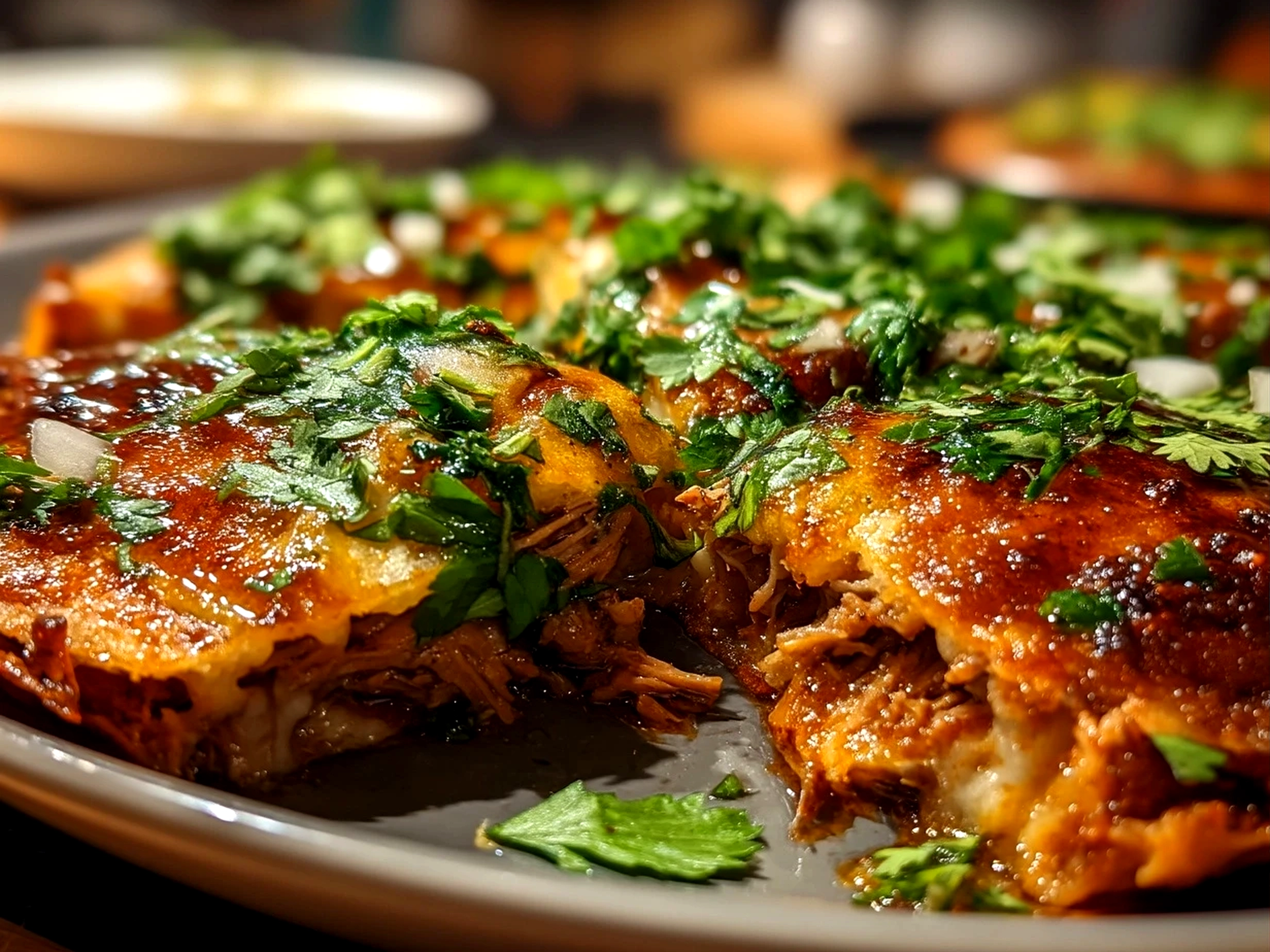 Close up of ready to eat birria tacos with creamy pull texture
