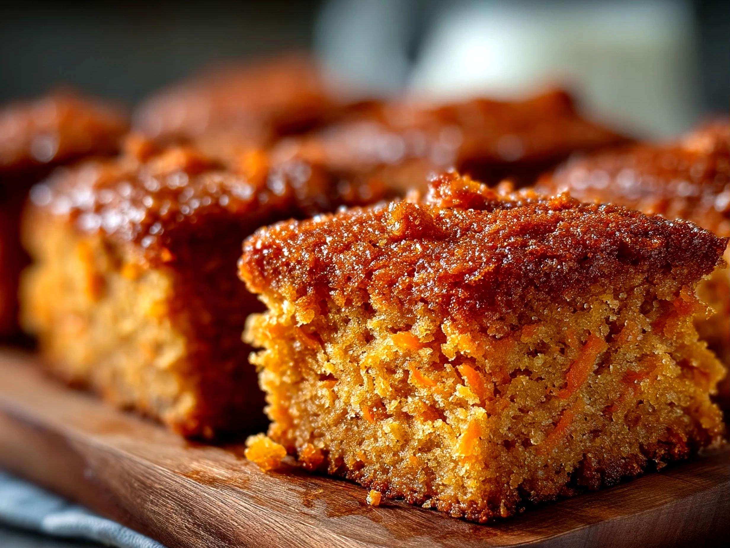 Close-up of ready to eat carrot cake bars showing moist texture and cream cheese frosting
