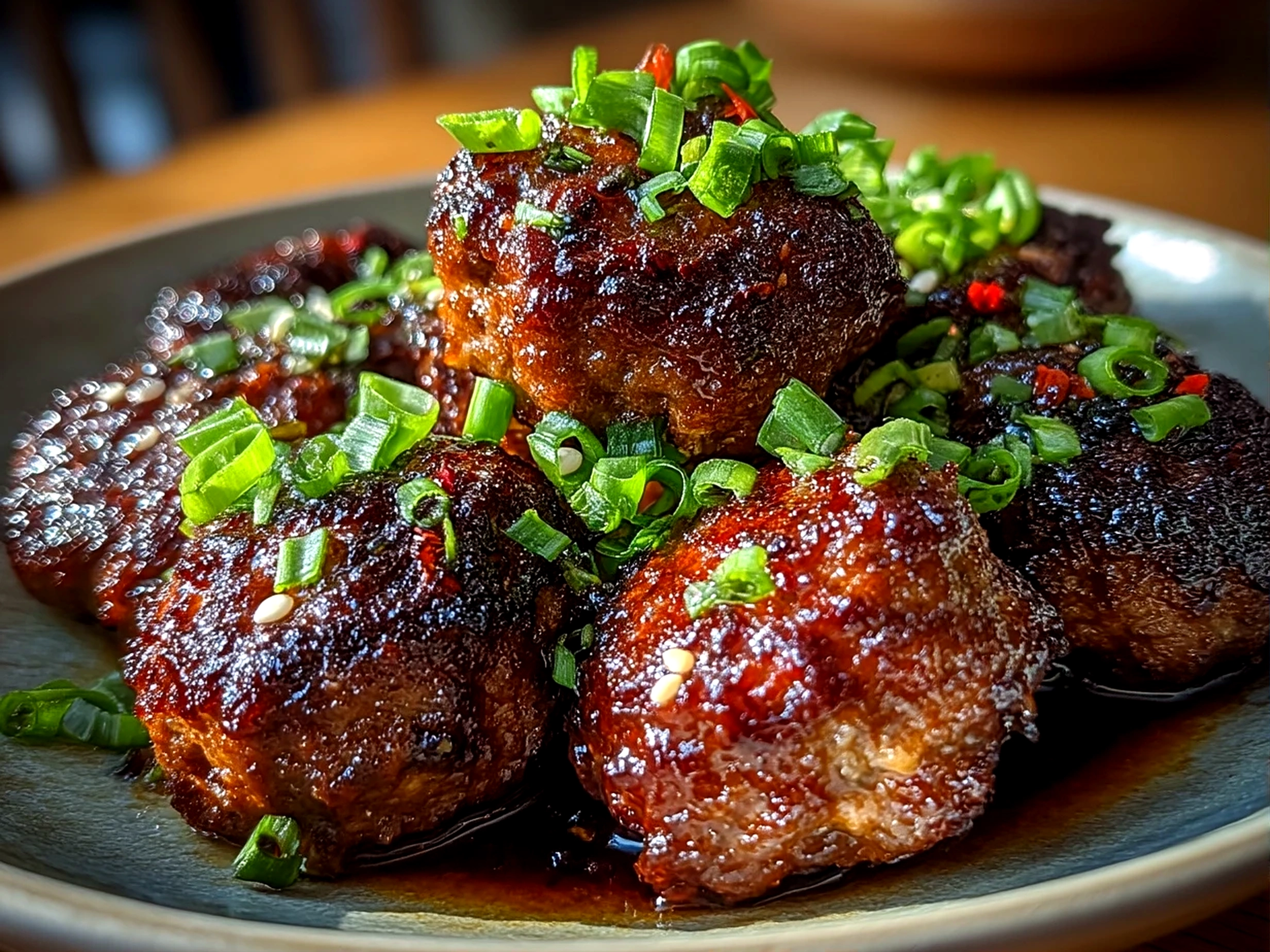 Close-up of ready-to-eat Korean BBQ Meatballs with sesame seeds and green onions garnish