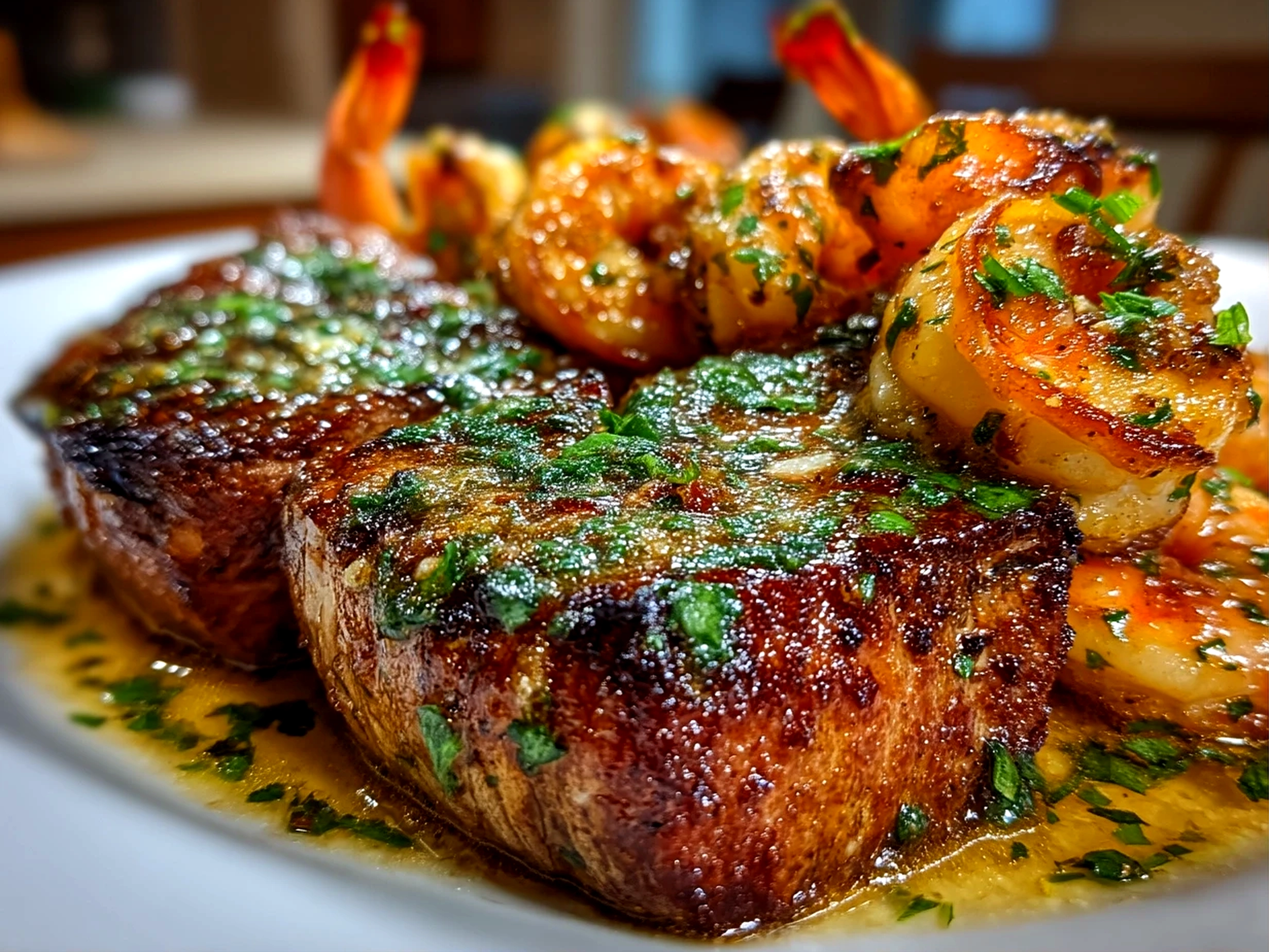 Close up of ready to eat steak and shrimp