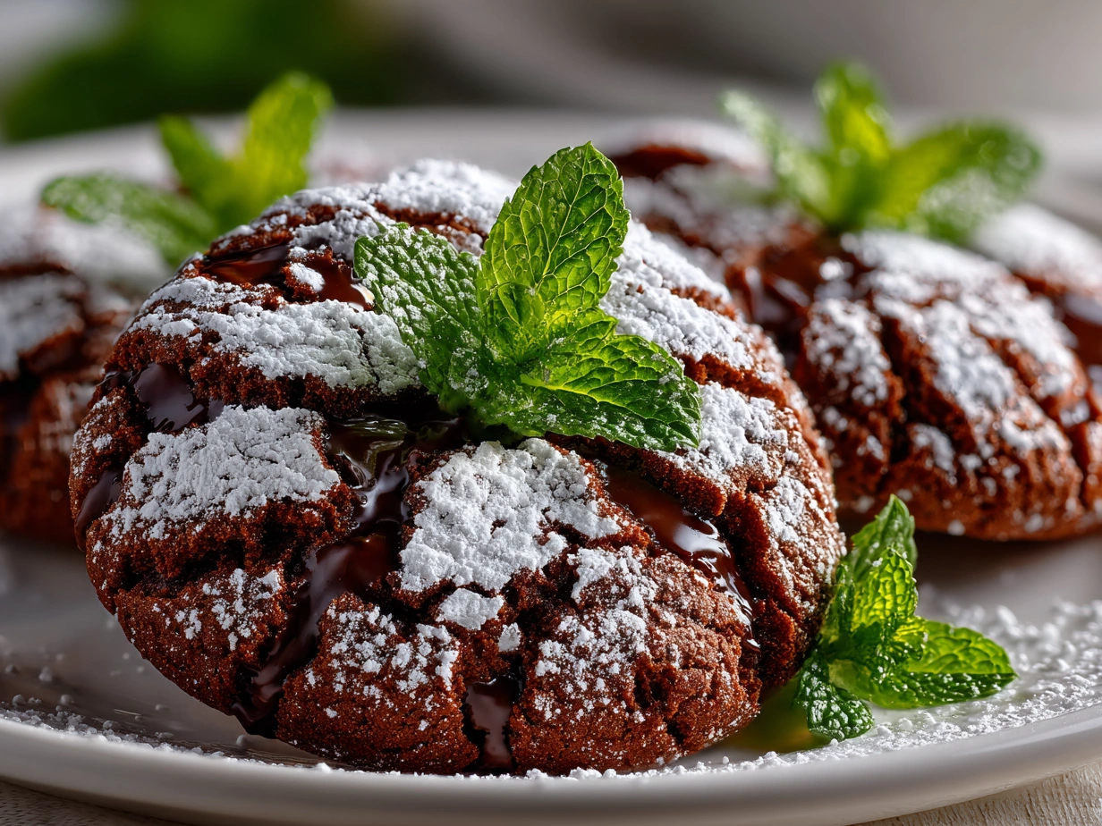 Close-up slight angle of freshly prepared Chocolate Mint Crinkles on white plate