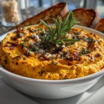 Close-up slight angle of freshly prepared Pumpkin Whipped Feta Dip on white plate