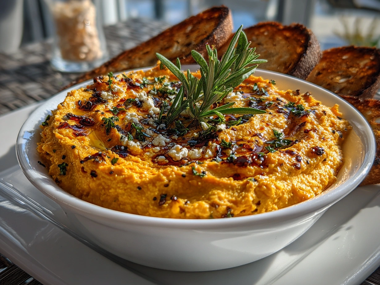 Close-up slight angle of freshly prepared Pumpkin Whipped Feta Dip on white plate