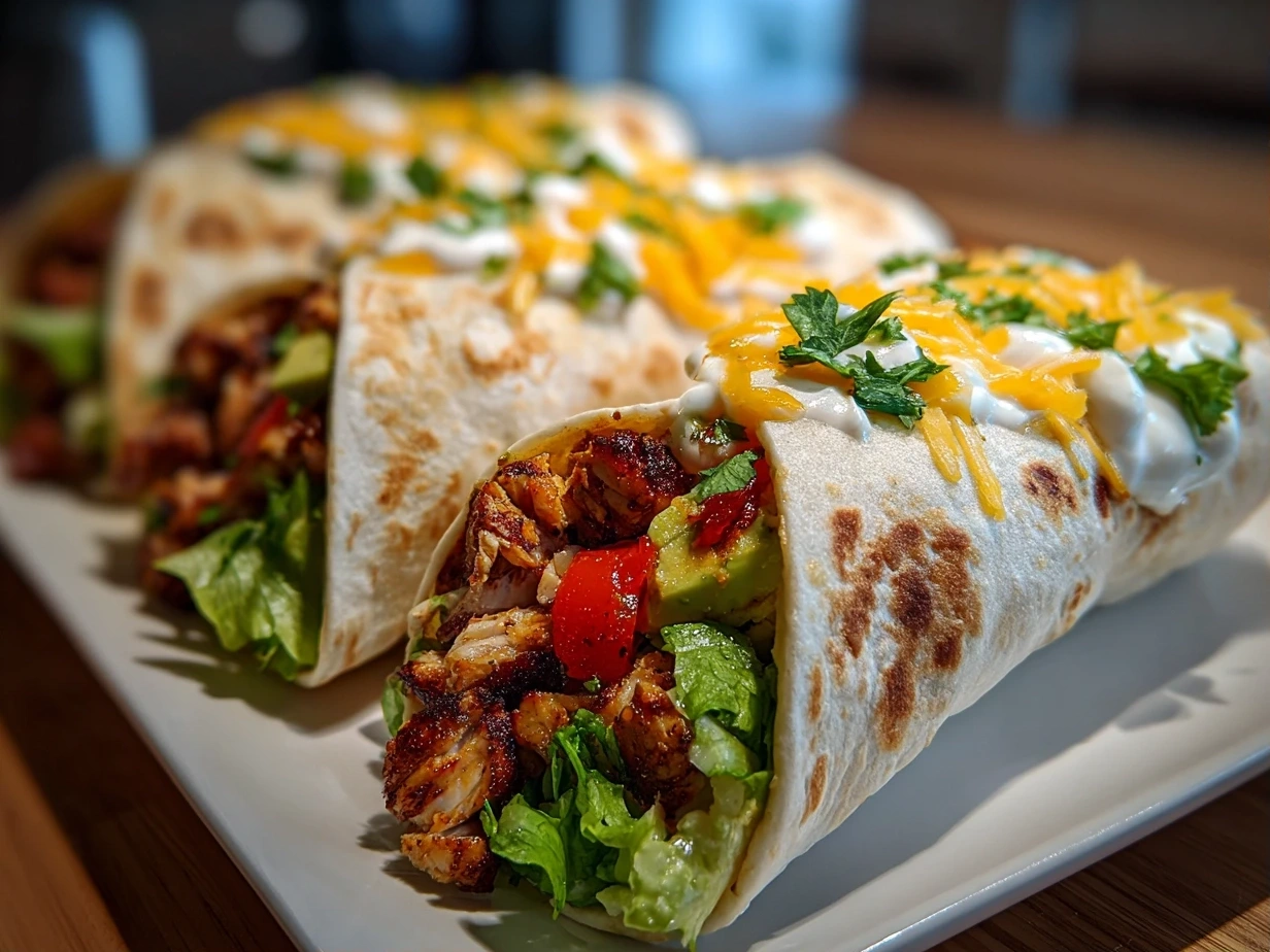 Close-up slight angle of homemade Chicken Avocado Ranch Burritos