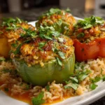Close-up slightly angled freshly prepared Stuffed Bell Pepper Rice Boats