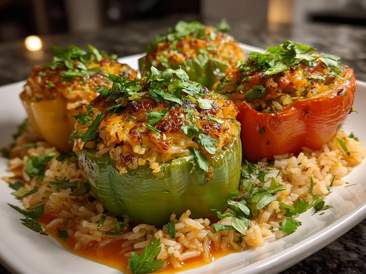 Close-up slightly angled freshly prepared Stuffed Bell Pepper Rice Boats