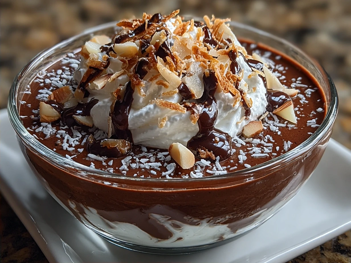 Creamy Coconut Almond Chocolate Pudding served in glass with almond toppings and raspberries