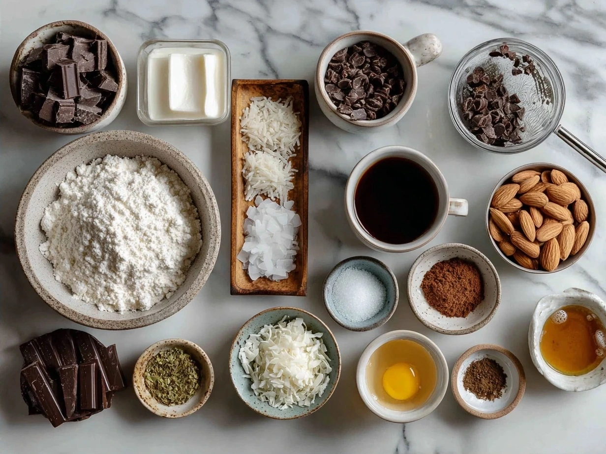 Ingredients for Coconut Almond Chocolate Pudding including coconut cream, almond milk, cocoa powder, and maple syrup