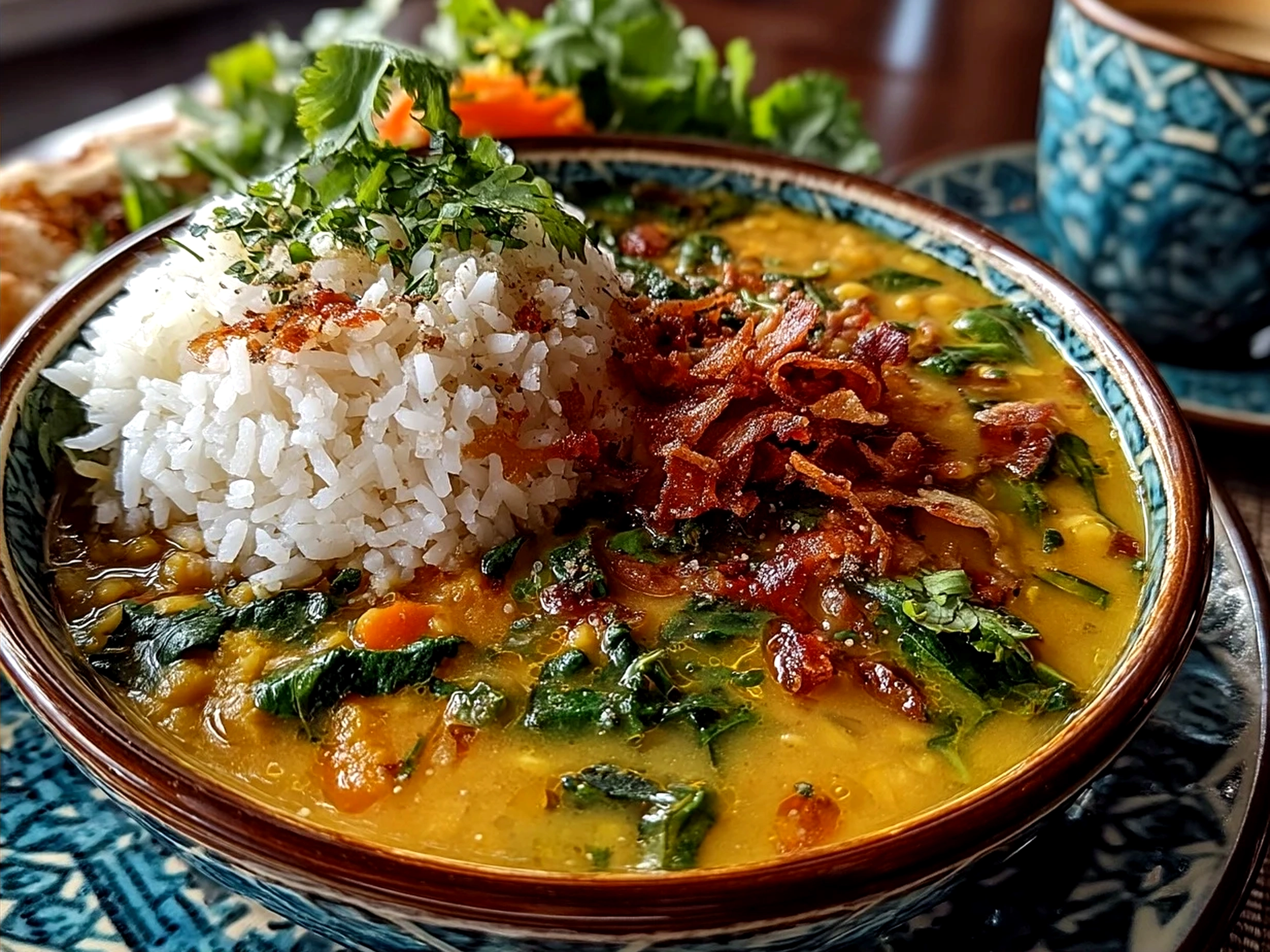 Serving Coconut Curry Lentil Soup with fresh cilantro garnish