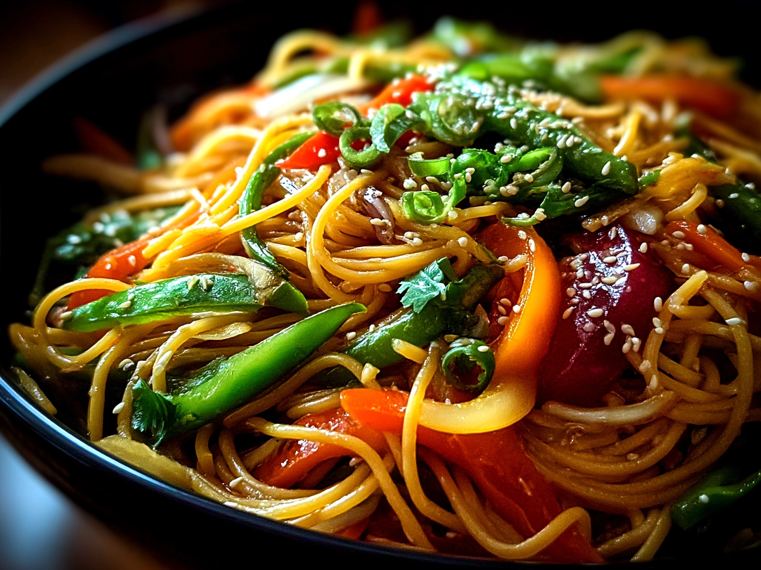 Beautifully plated Cold Sesame Noodles garnished with scallions and sesame seeds