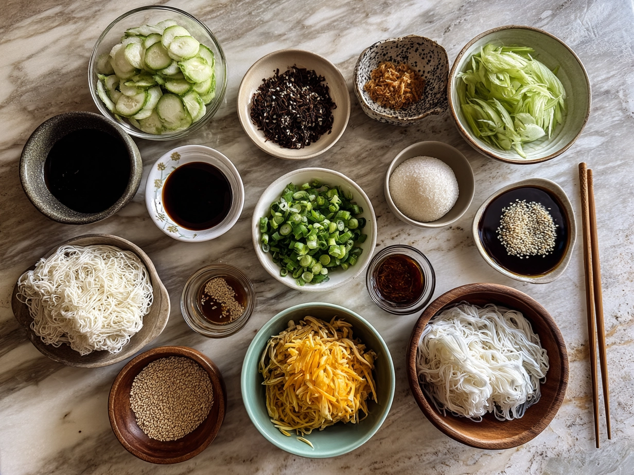 Ingredients for Cold Sesame Noodles including noodles, tahini, soy sauce, sesame oil, rice vinegar, and garlic