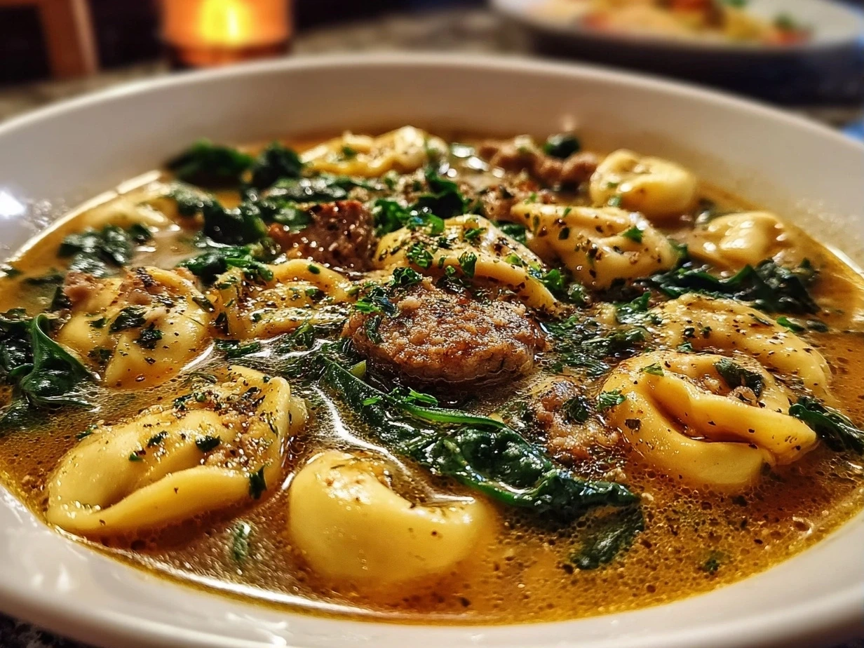 Finished bowl of Tortellini Soup with Sausage and Kale, ready to serve