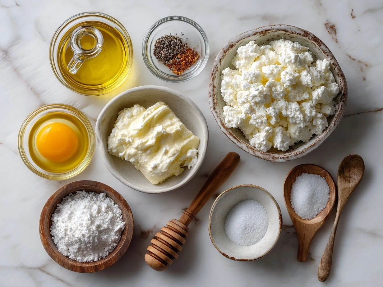Ingredients laid out for Cottage Cheese Ranch Dip with cottage cheese, Greek yogurt, ranch seasoning and spices