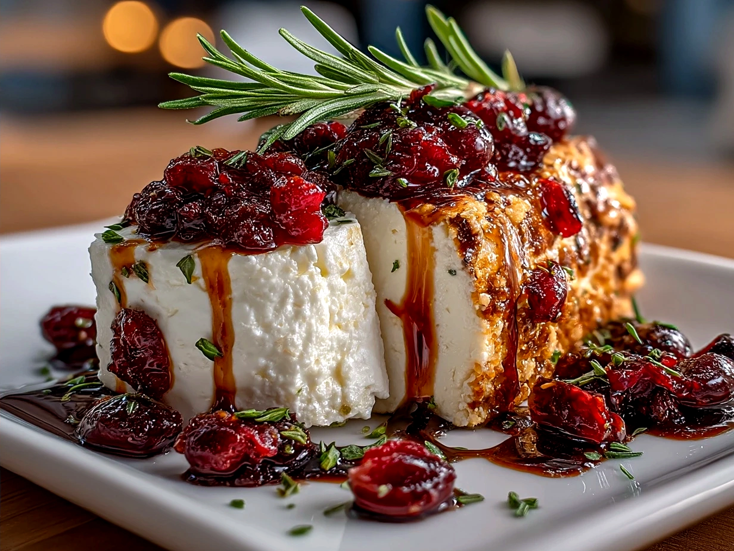 Serving platter with cranberry goat cheese log garnished with nuts and rosemary accompanied by crackers.