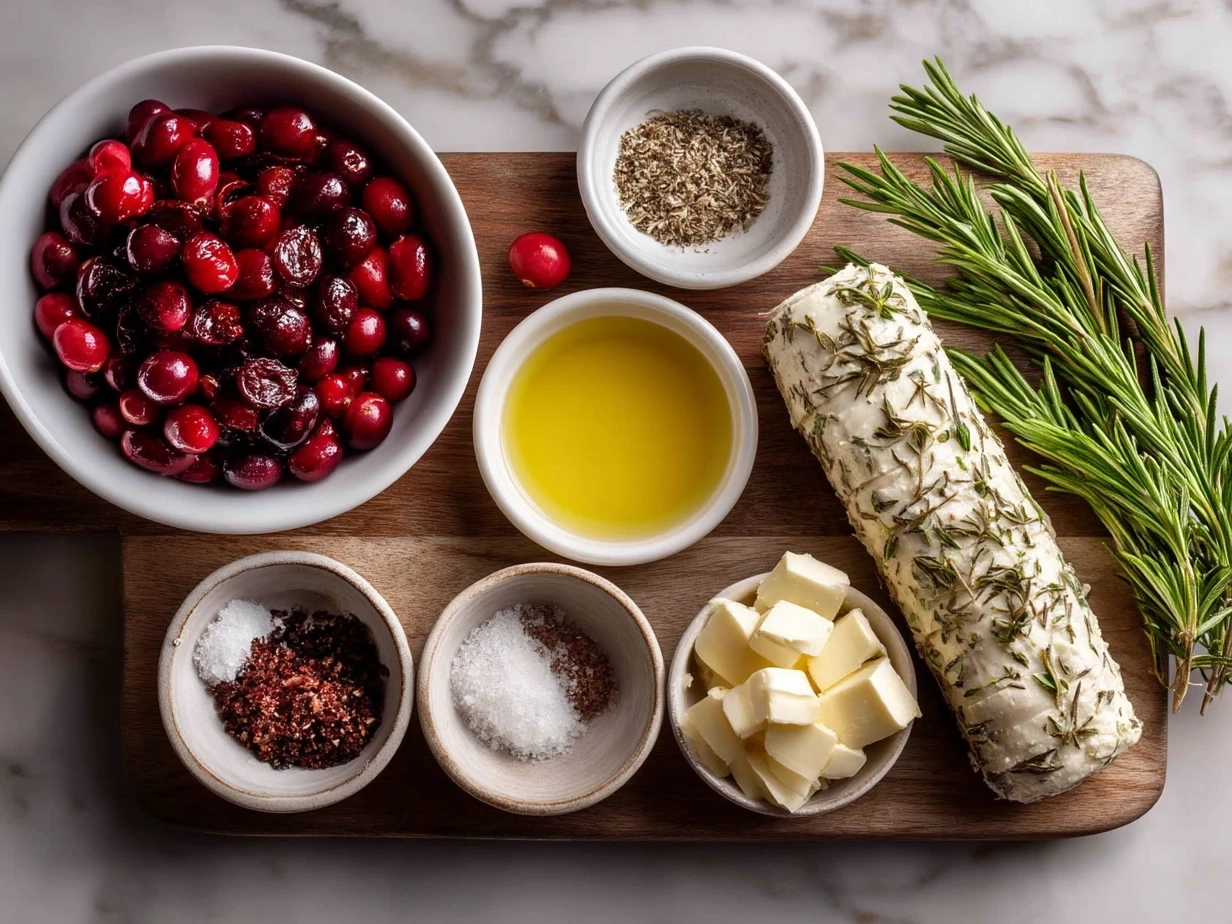 Ingredients for cranberry goat cheese log including fresh goat cheese, dried cranberries, pecans, rosemary, honey, and black pepper