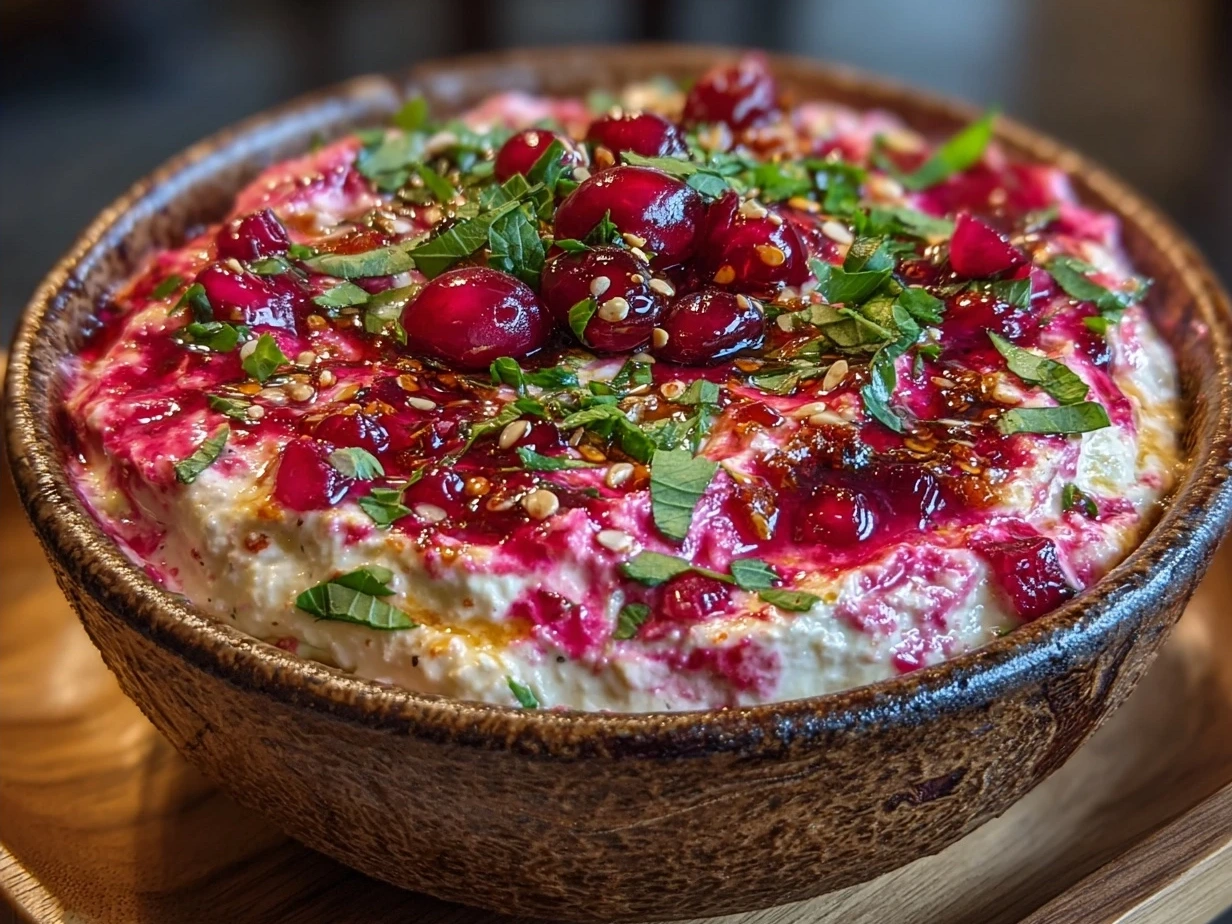 Creamy Cranberry Jalapeño Dip served in a bowl with chips and fresh veggies