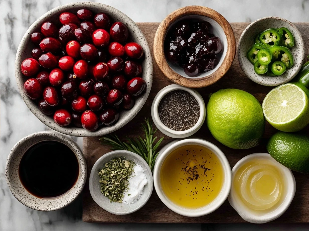 Ingredients for Cranberry Jalapeño Dip including cream cheese, fresh cranberries, jalapeños, sugar, lime, and cilantro