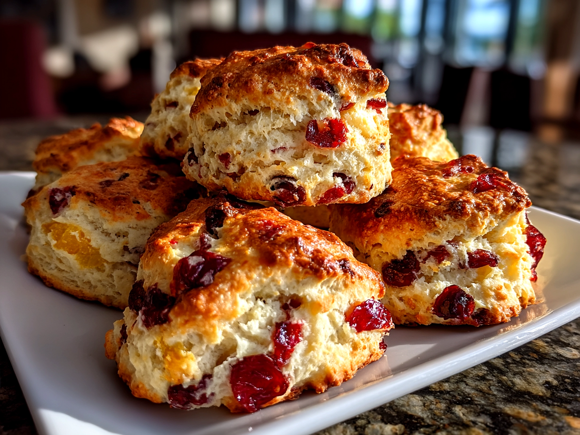 Finished Cranberry Orange Scones served on a wooden board
