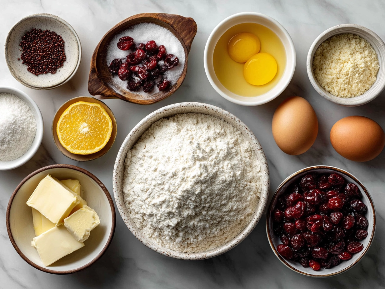 Ingredients for Cranberry Orange Scones including flour, sugar, baking powder, butter, cranberries, orange zest, cream, egg, and vanilla