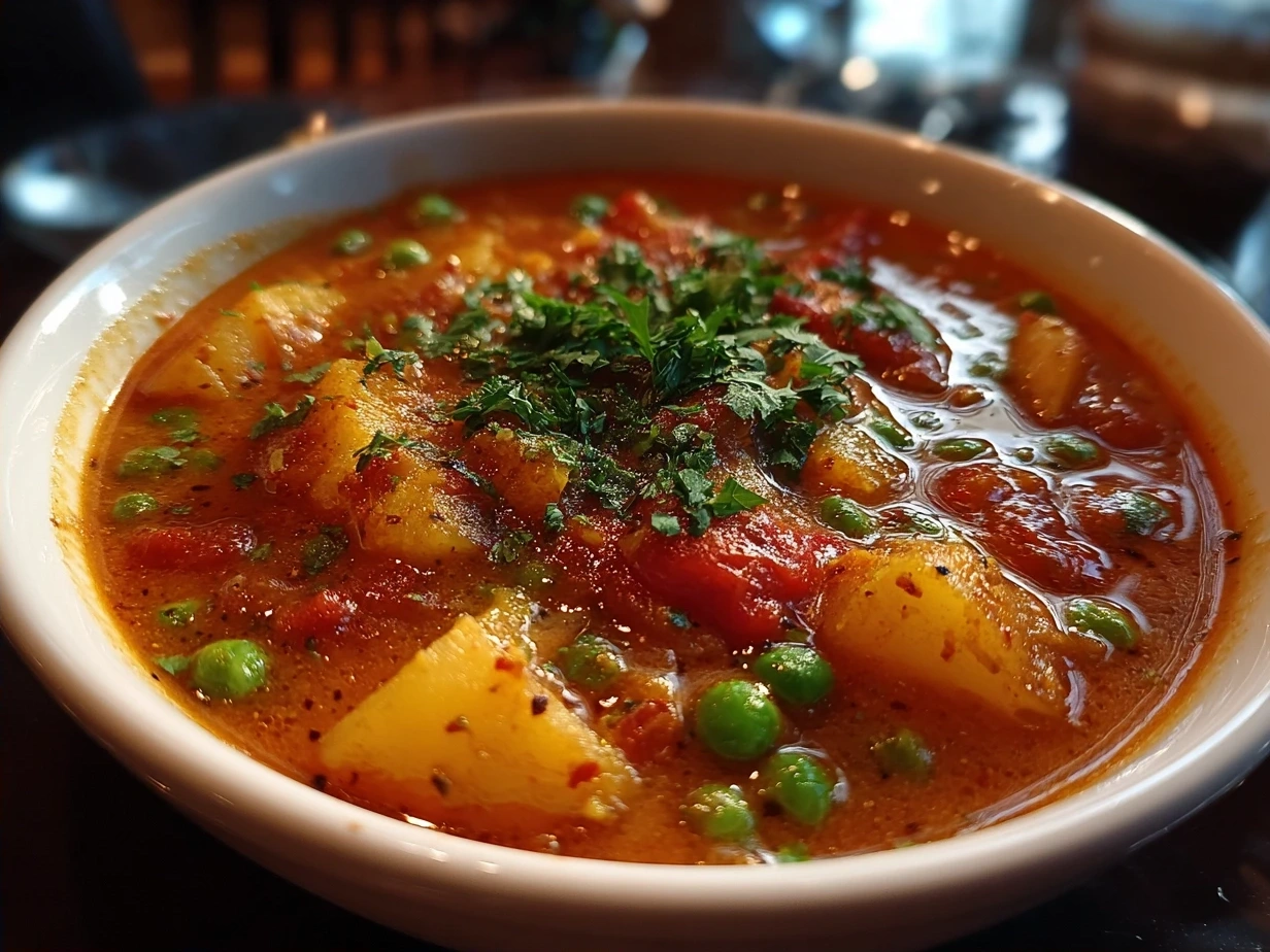 Final serving of creamy Crockpot Potato Pea Curry garnished with fresh cilantro