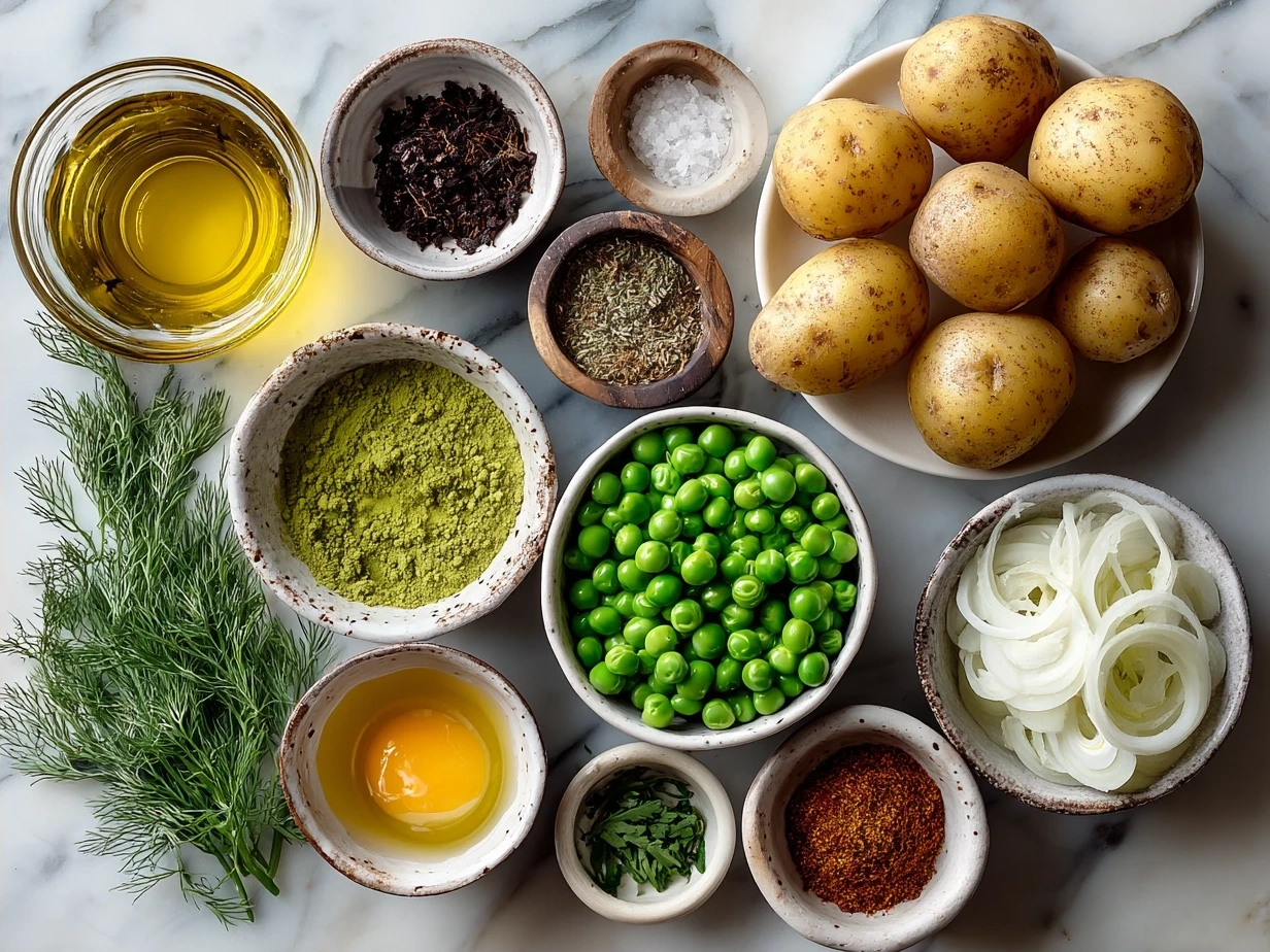 Ingredients for Crockpot Potato Pea Curry including potatoes, peas, onion, garlic, ginger, tomatoes, coconut milk and spices