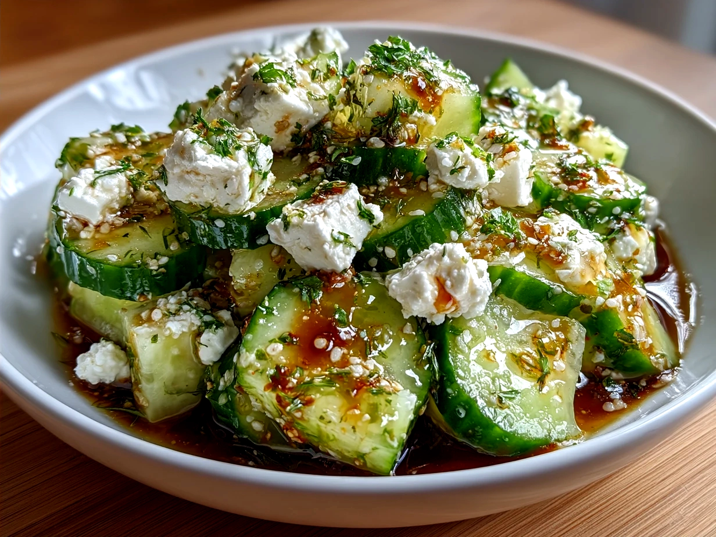 Cucumber Feta Salad served in a glass bowl garnished with fresh herbs