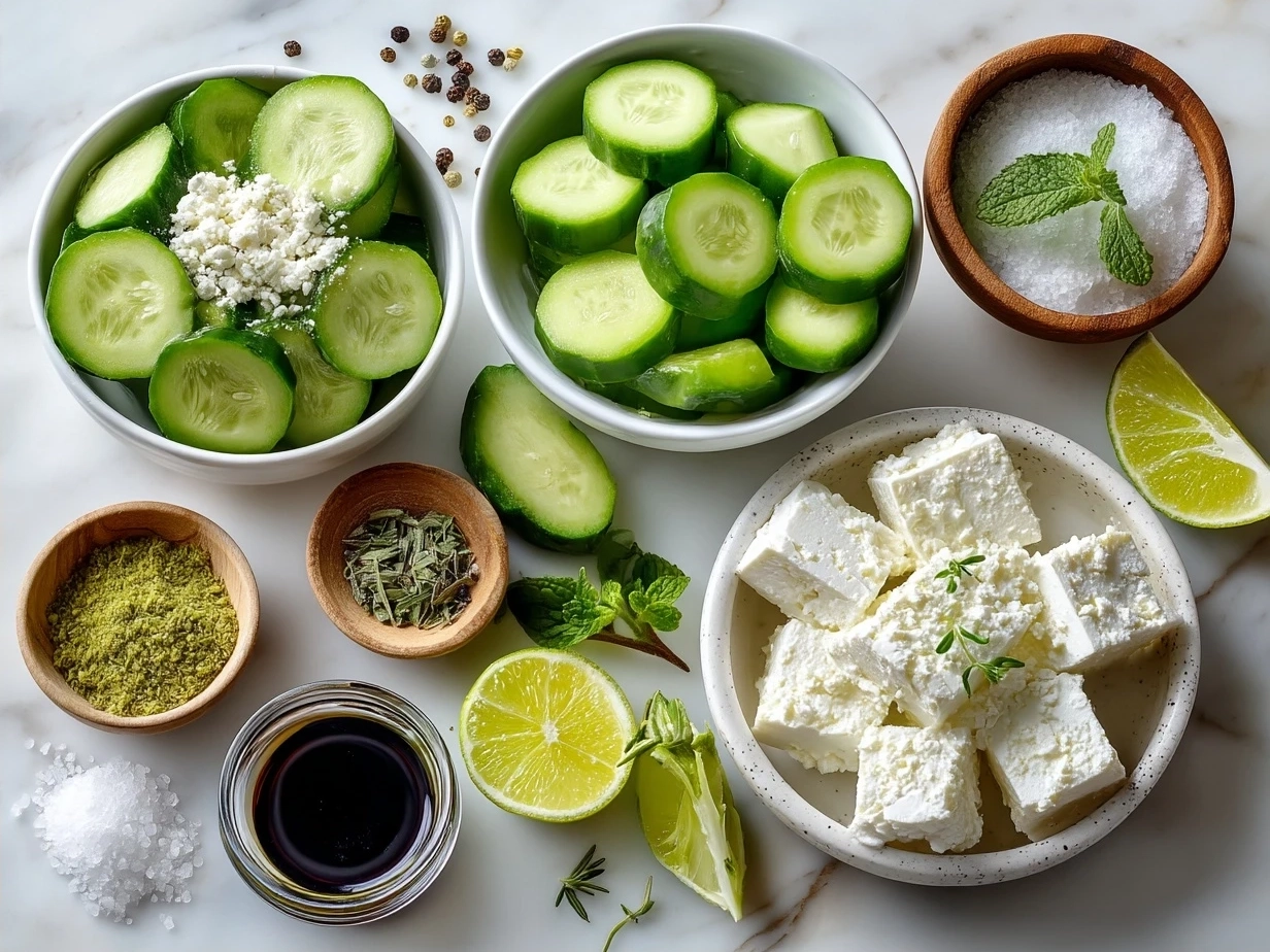Cucumber Feta Salad ingredients arranged on the table