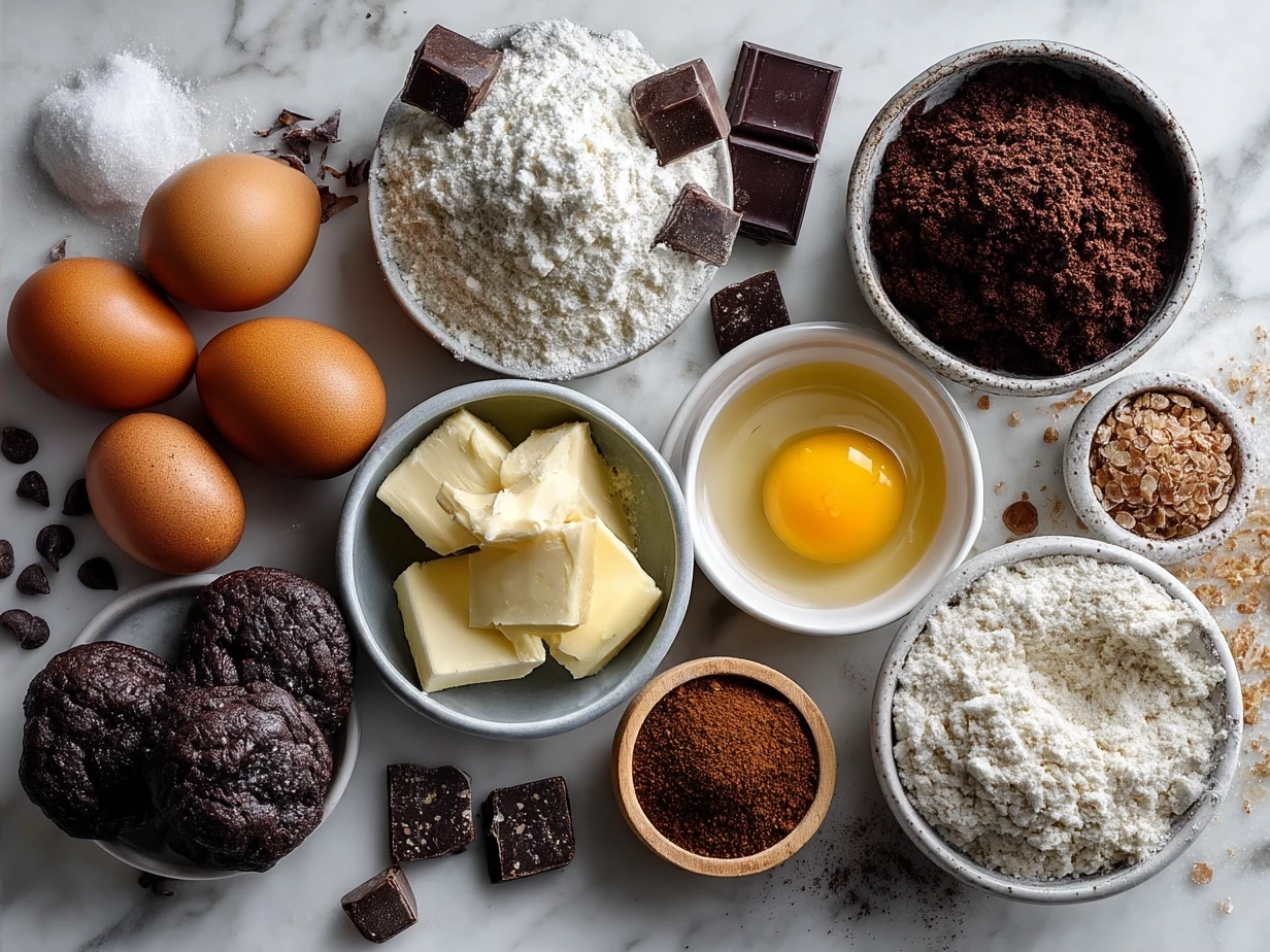 Ingredients for Double Chocolate Cookies including butter, sugars, eggs, vanilla, flour, cocoa powder, baking soda, salt, and double chocolate chips