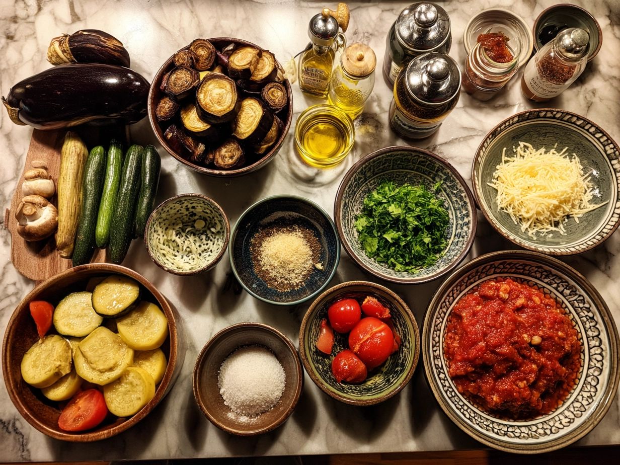 Ingredients for Eggplant Parmesan Stacks including eggplants, cheese, marinara sauce, and breadcrumbs