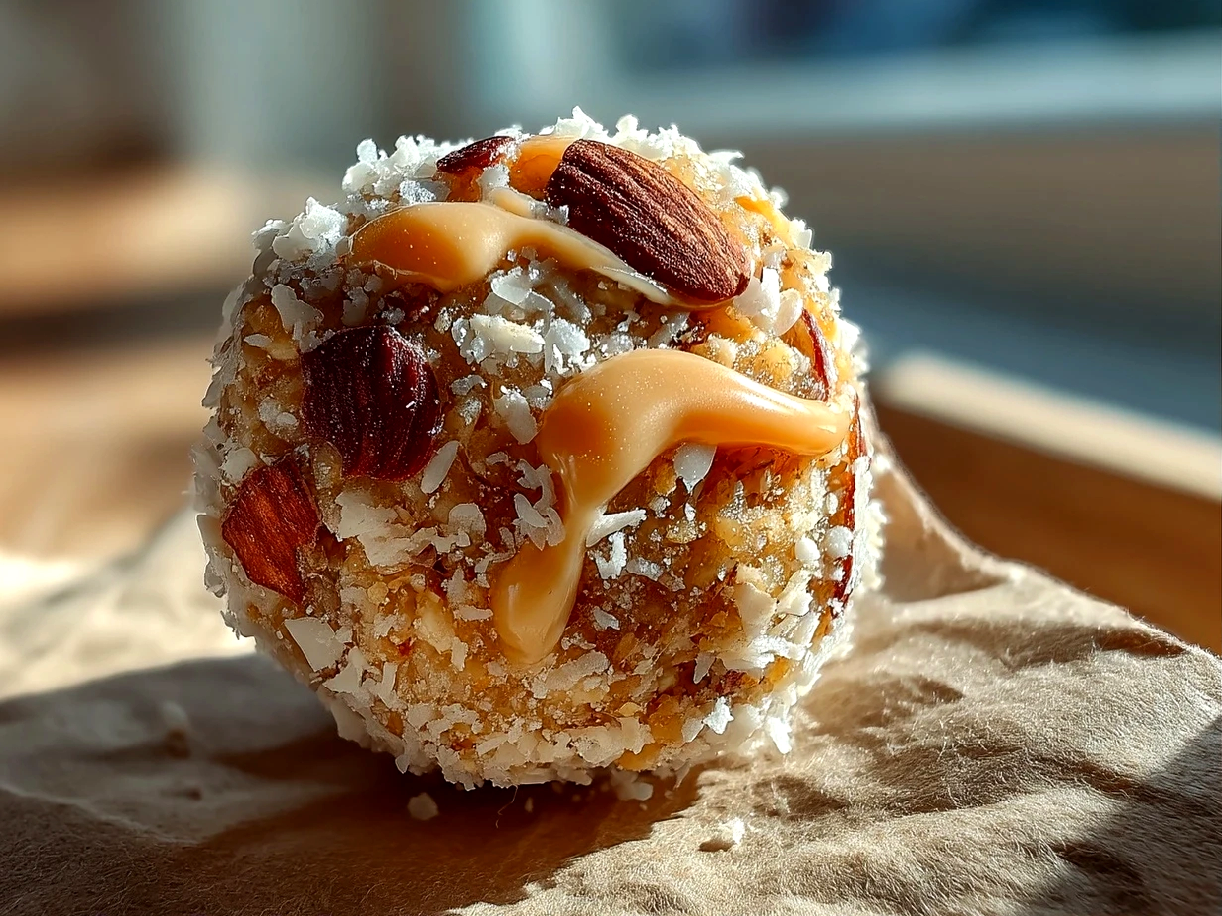 Close-up detail of a freshly made Energy Ball showing texture and chocolate chips