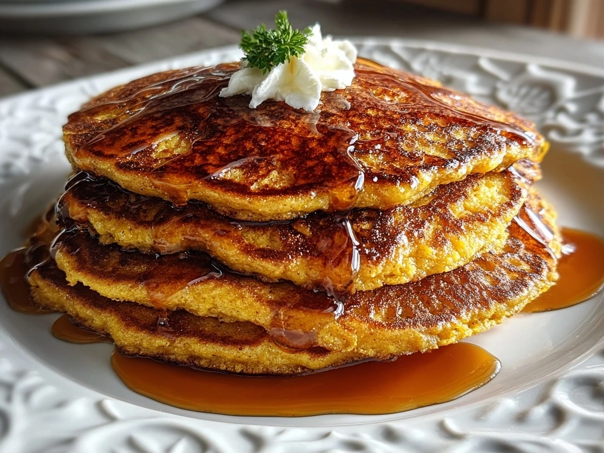 Close-up of finished beautiful pumpkin spice pancakes stacked on a plate