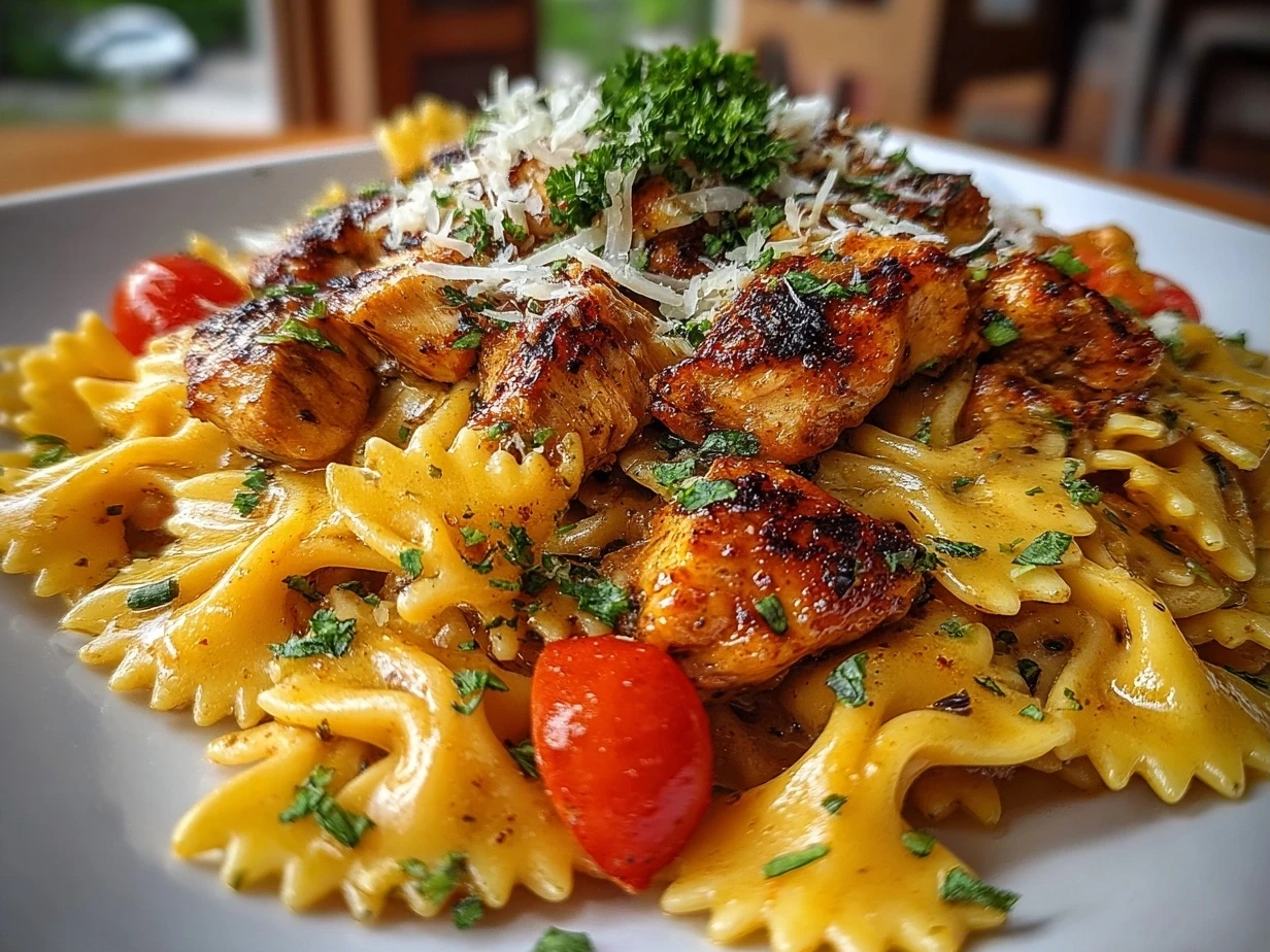 Close-up of finished Cajun Chicken Pasta with creamy sauce and blackened chicken